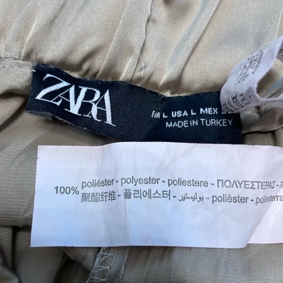 Zara Satin Pants Large Taupe Wide Leg Elastic Waist Lightweight Wrinkle Effect - Picture 14 of 16